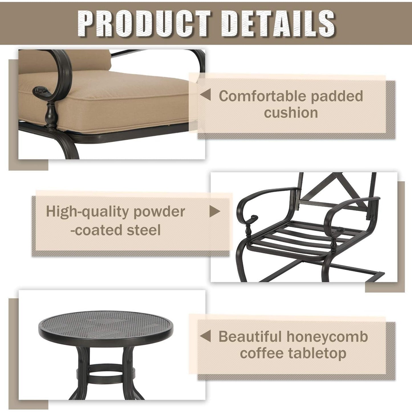 Ensemble de meubles de patio extérieur SUNCROWN 5 pièces, banc de jardin et 2 chaises à ressorts avec 2 tables basses
