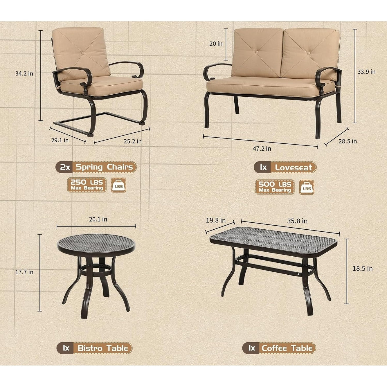 Ensemble de meubles de patio extérieur SUNCROWN 5 pièces, banc de jardin et 2 chaises à ressorts avec 2 tables basses