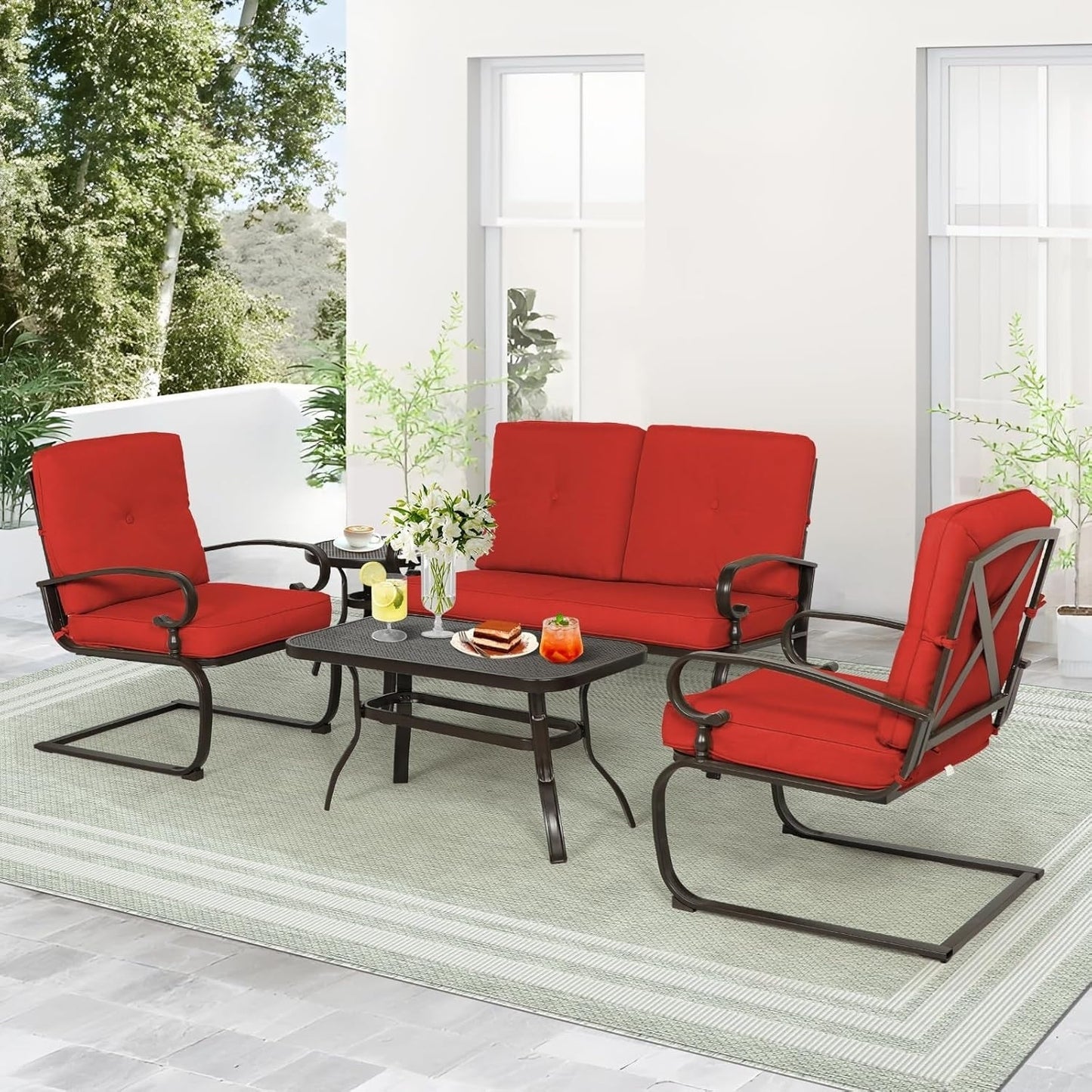 Ensemble de meubles de patio extérieur SUNCROWN 5 pièces, banc de jardin et 2 chaises à ressorts avec 2 tables basses