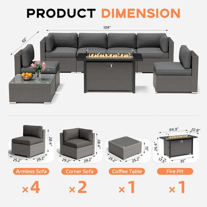 Ensemble de canapé sectionnel rembourré en rotin et osier gris pour patio extérieur, 7 pièces
