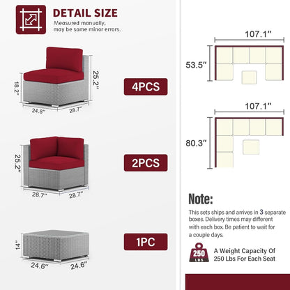 Ensemble de canapé sectionnel rembourré en rotin et osier gris pour patio extérieur, 7 pièces