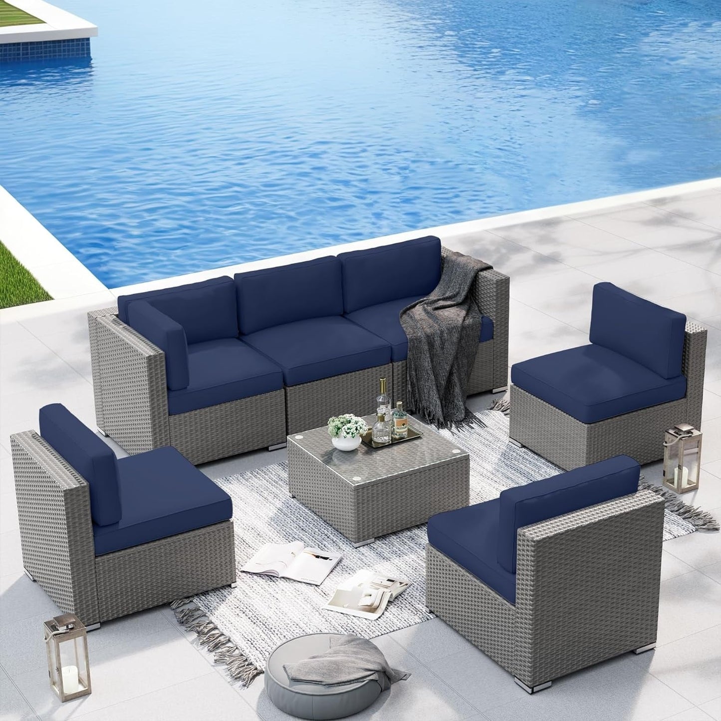 Ensemble de canapé sectionnel rembourré en rotin et osier gris pour patio extérieur, 7 pièces