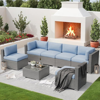 Ensemble de canapé sectionnel rembourré en rotin et osier gris pour patio extérieur, 7 pièces