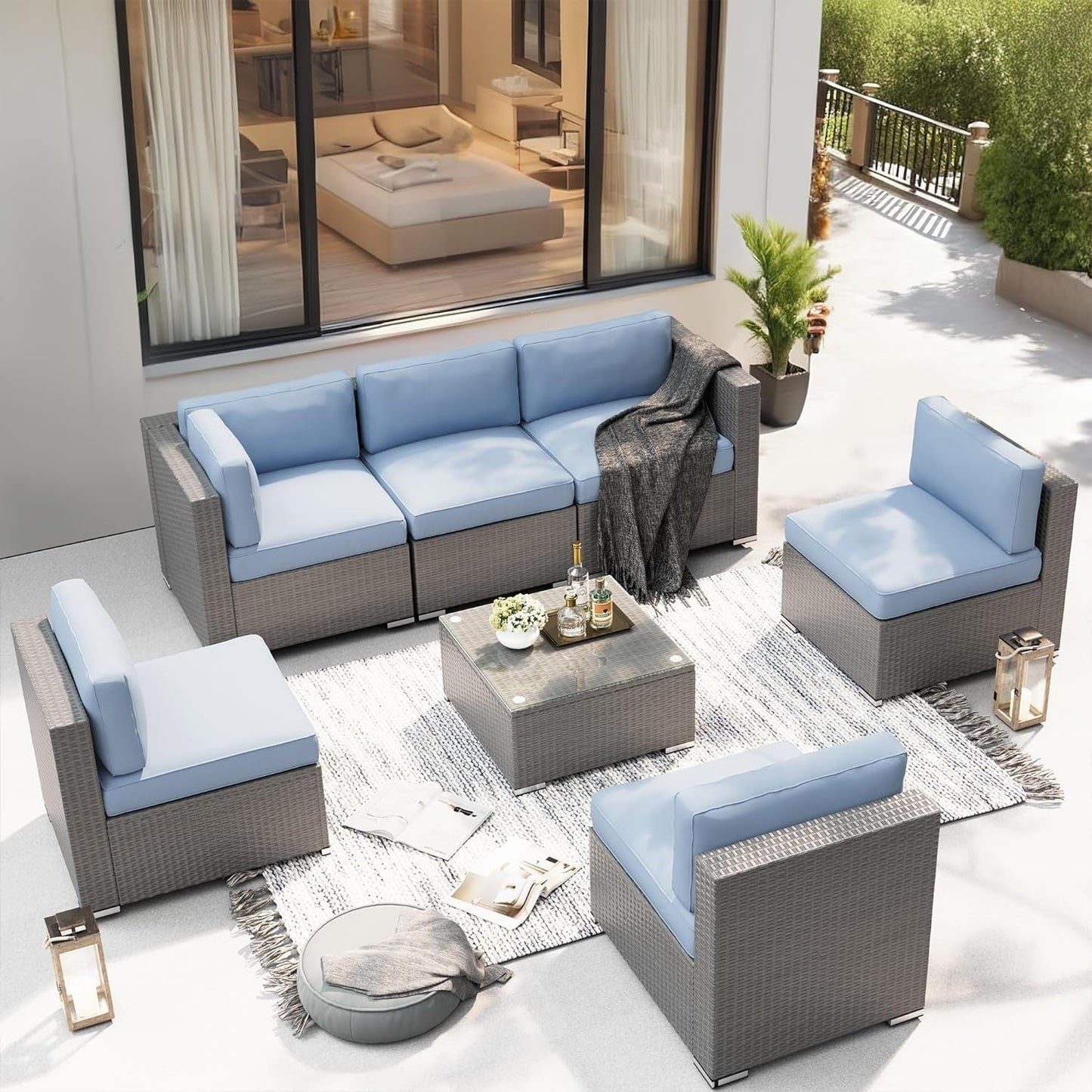 Ensemble de canapé sectionnel rembourré en rotin et osier gris pour patio extérieur, 7 pièces