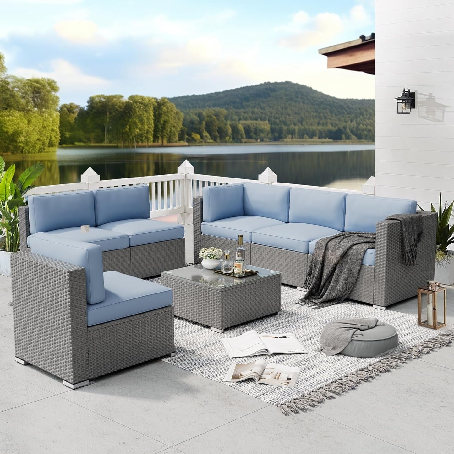 Ensemble de canapé sectionnel rembourré en rotin et osier gris pour patio extérieur, 7 pièces