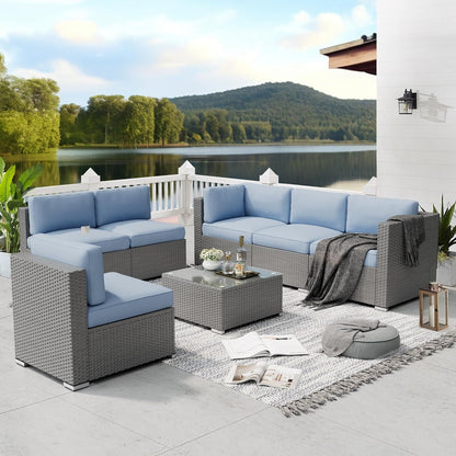 Ensemble de canapé sectionnel rembourré en rotin et osier gris pour patio extérieur, 7 pièces