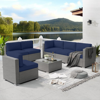 Ensemble de canapé sectionnel rembourré en rotin et osier gris pour patio extérieur, 7 pièces