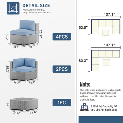 Ensemble de canapé sectionnel rembourré en rotin et osier gris pour patio extérieur, 7 pièces
