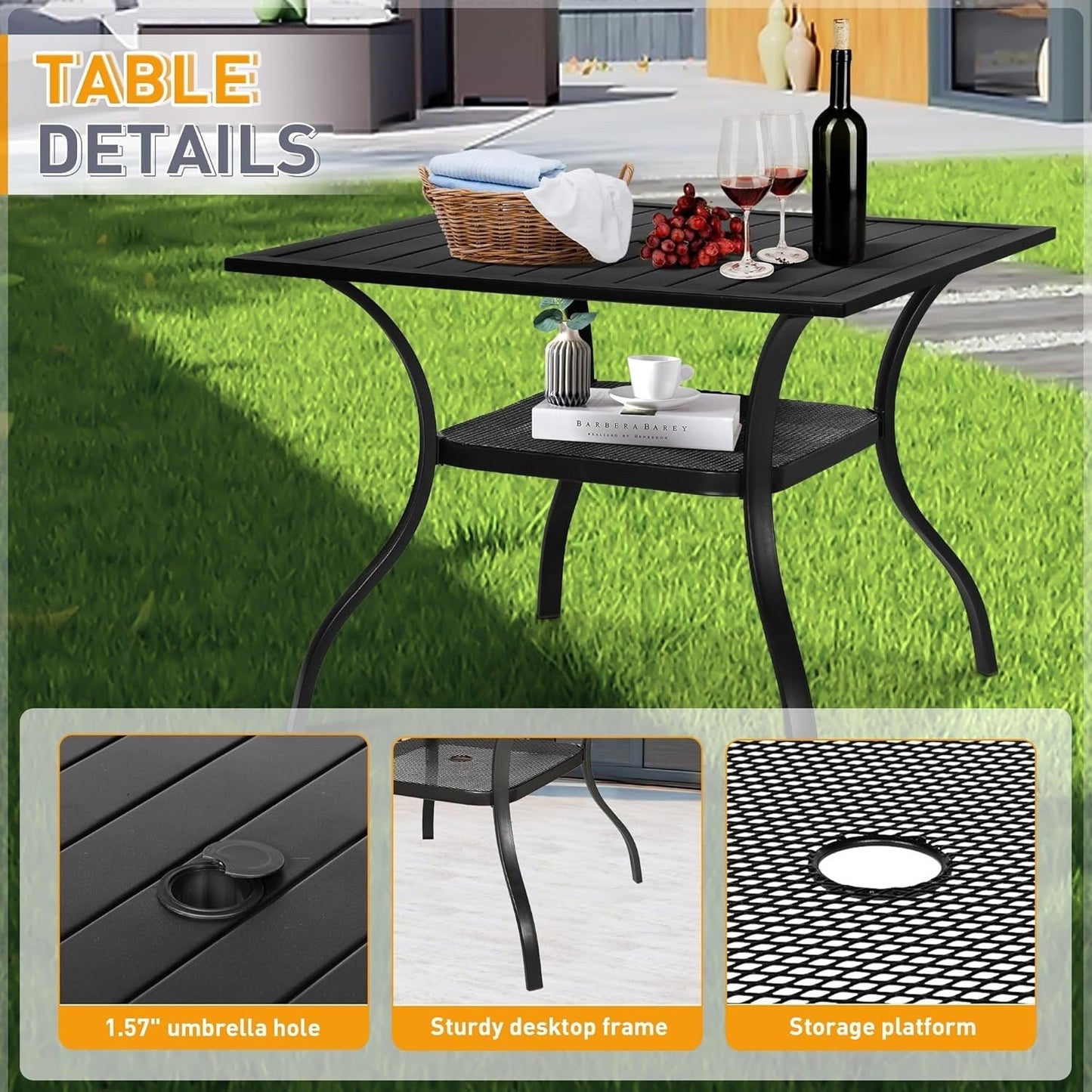 Ensemble de salle à manger d'extérieur SUNCROWN 5/7 pièces en acier, table à lattes en métal et chaises empilables, cadre enduit de poudre