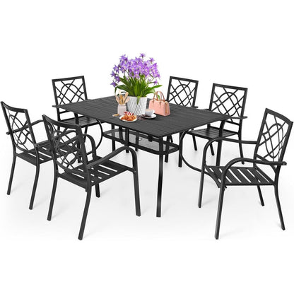 Ensemble de salle à manger d'extérieur SUNCROWN 5/7 pièces en acier, table à lattes en métal et chaises empilables, cadre enduit de poudre
