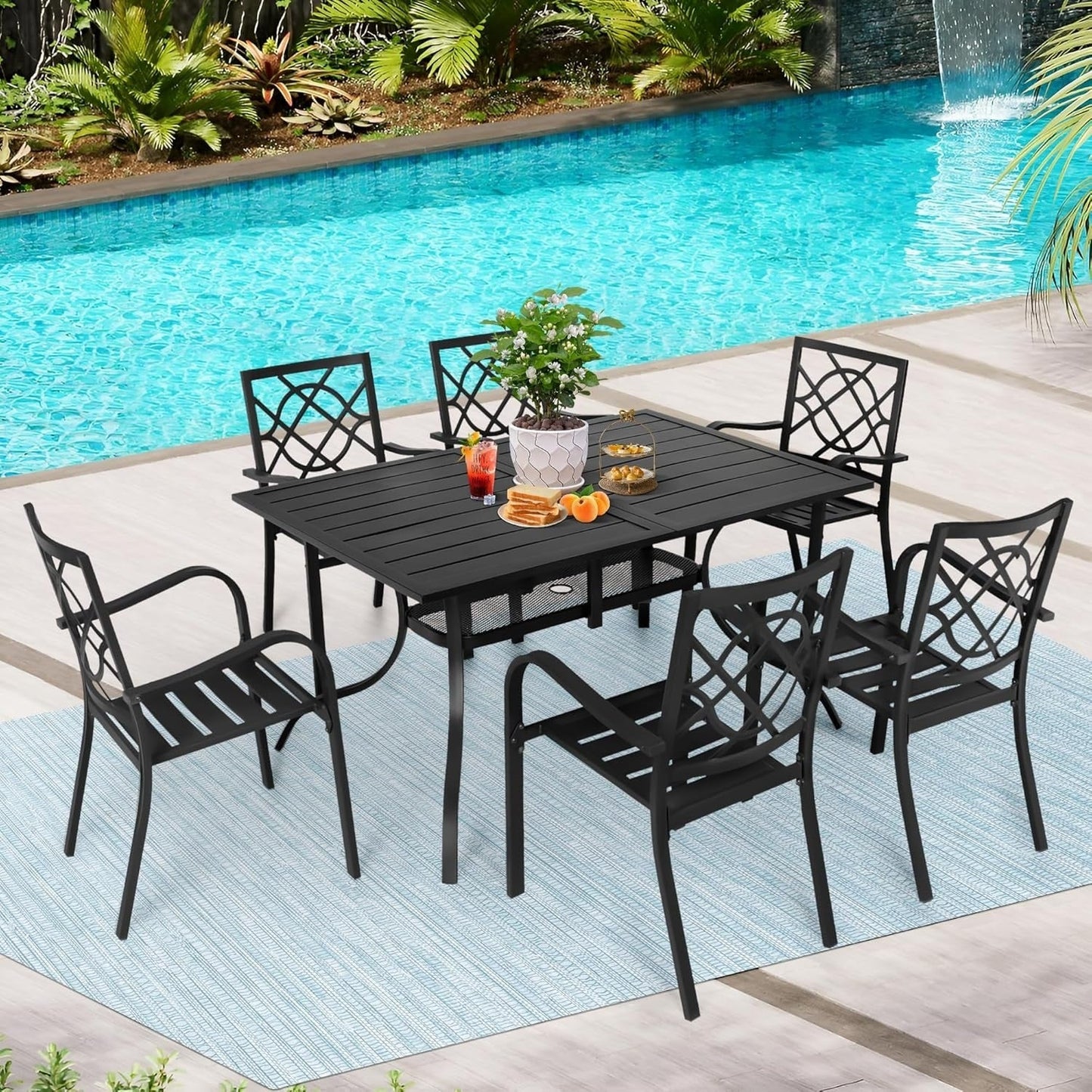 Ensemble de salle à manger d'extérieur SUNCROWN 5/7 pièces en acier, table à lattes en métal et chaises empilables, cadre enduit de poudre