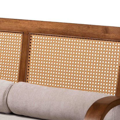 Canapé Sage Modern Japandi en tissu gris clair et bois finition marron noyer avec rotin tressé