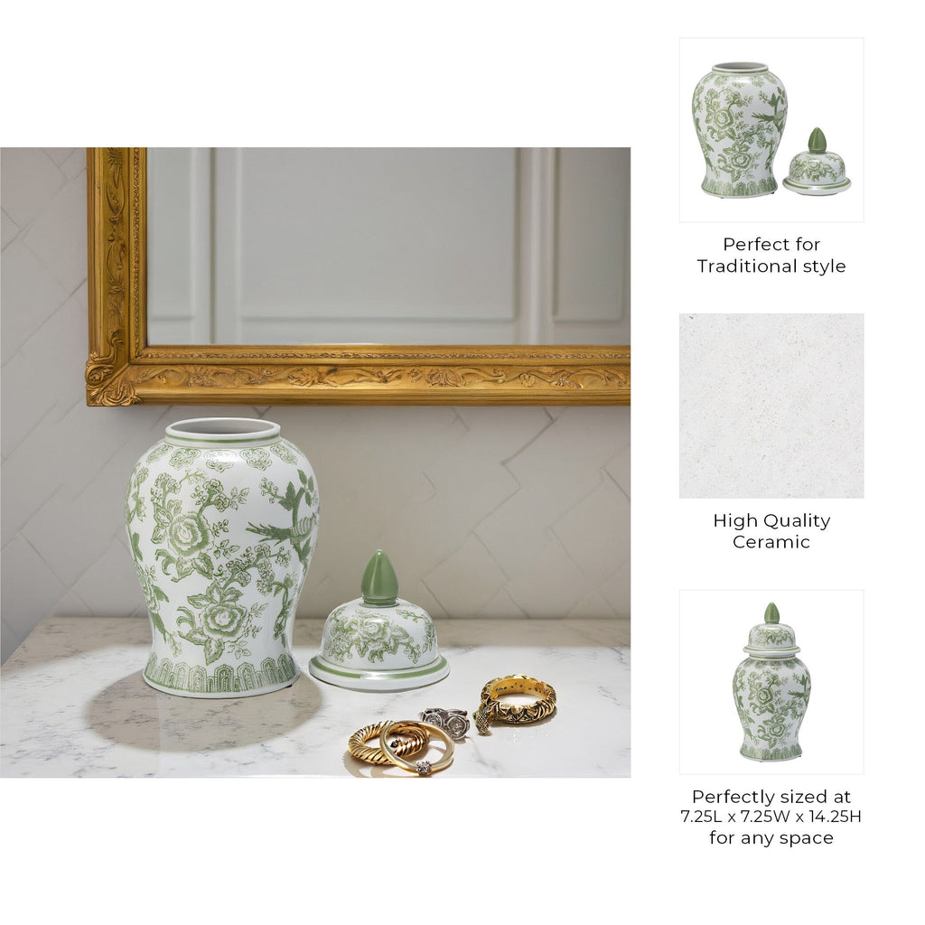 Pot en céramique et grès Sagebrook Home Chinoiserie avec couvercle - Pièce décorative décorative