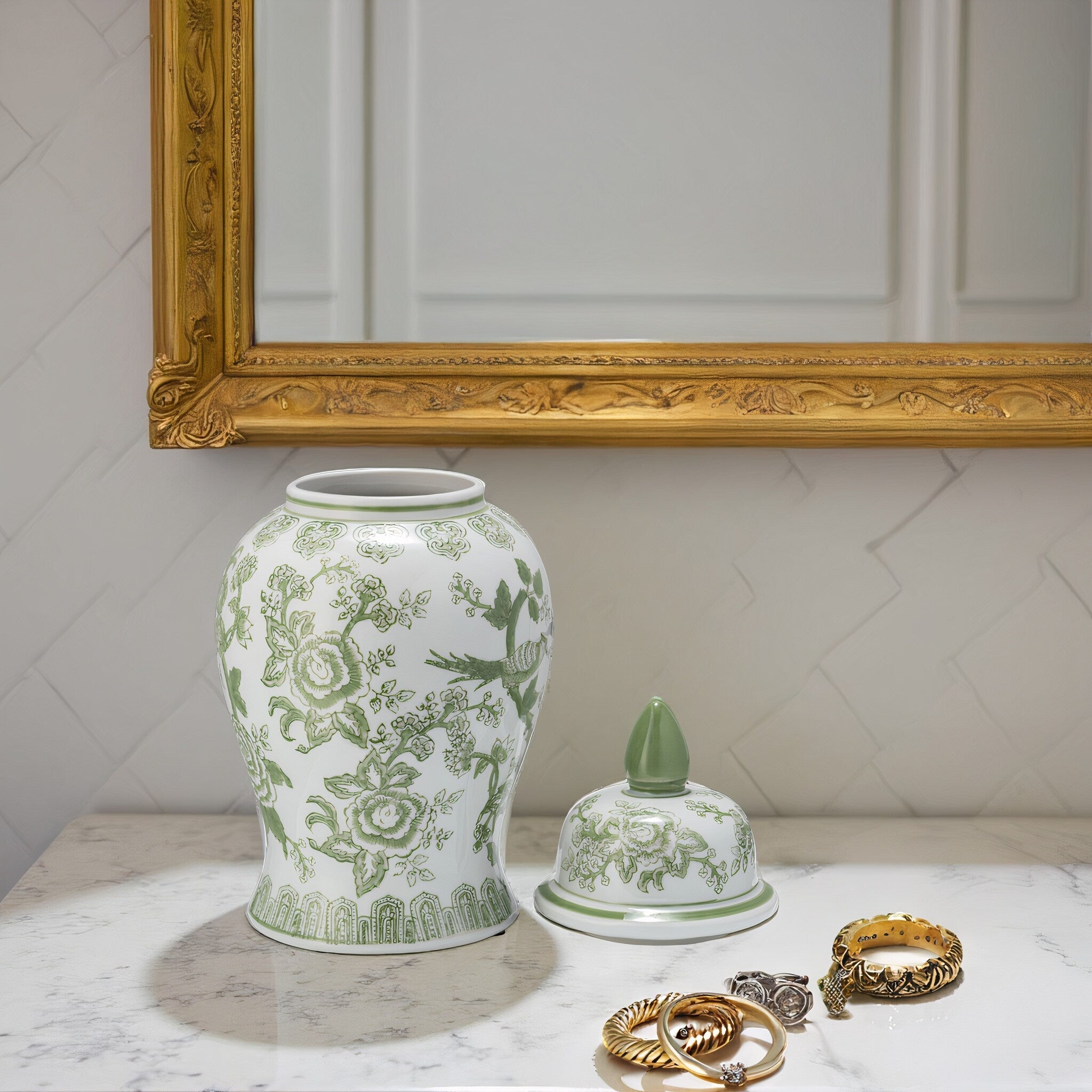 Pot en céramique et grès Sagebrook Home Chinoiserie avec couvercle - Pièce décorative décorative
