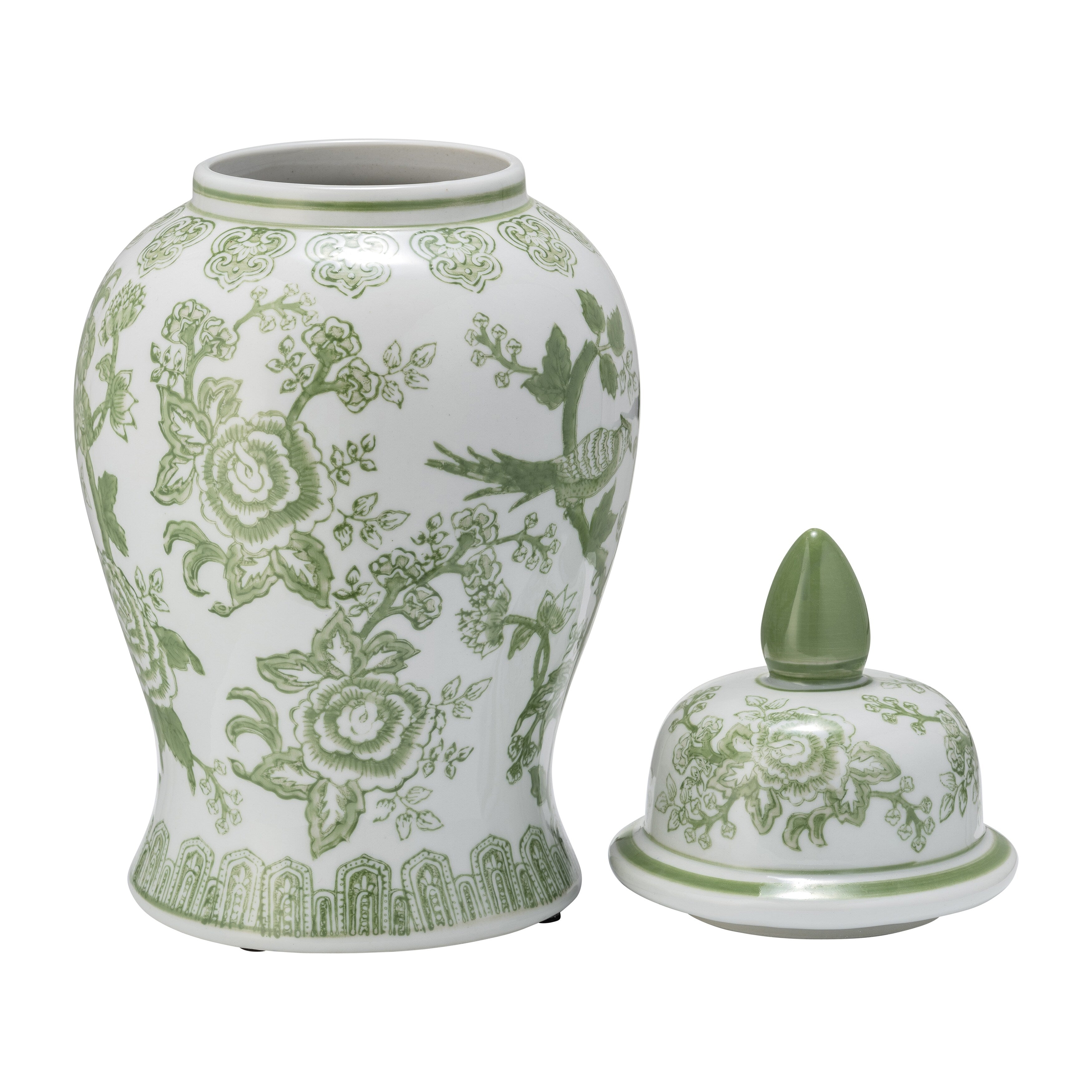 Pot en céramique et grès Sagebrook Home Chinoiserie avec couvercle - Pièce décorative décorative