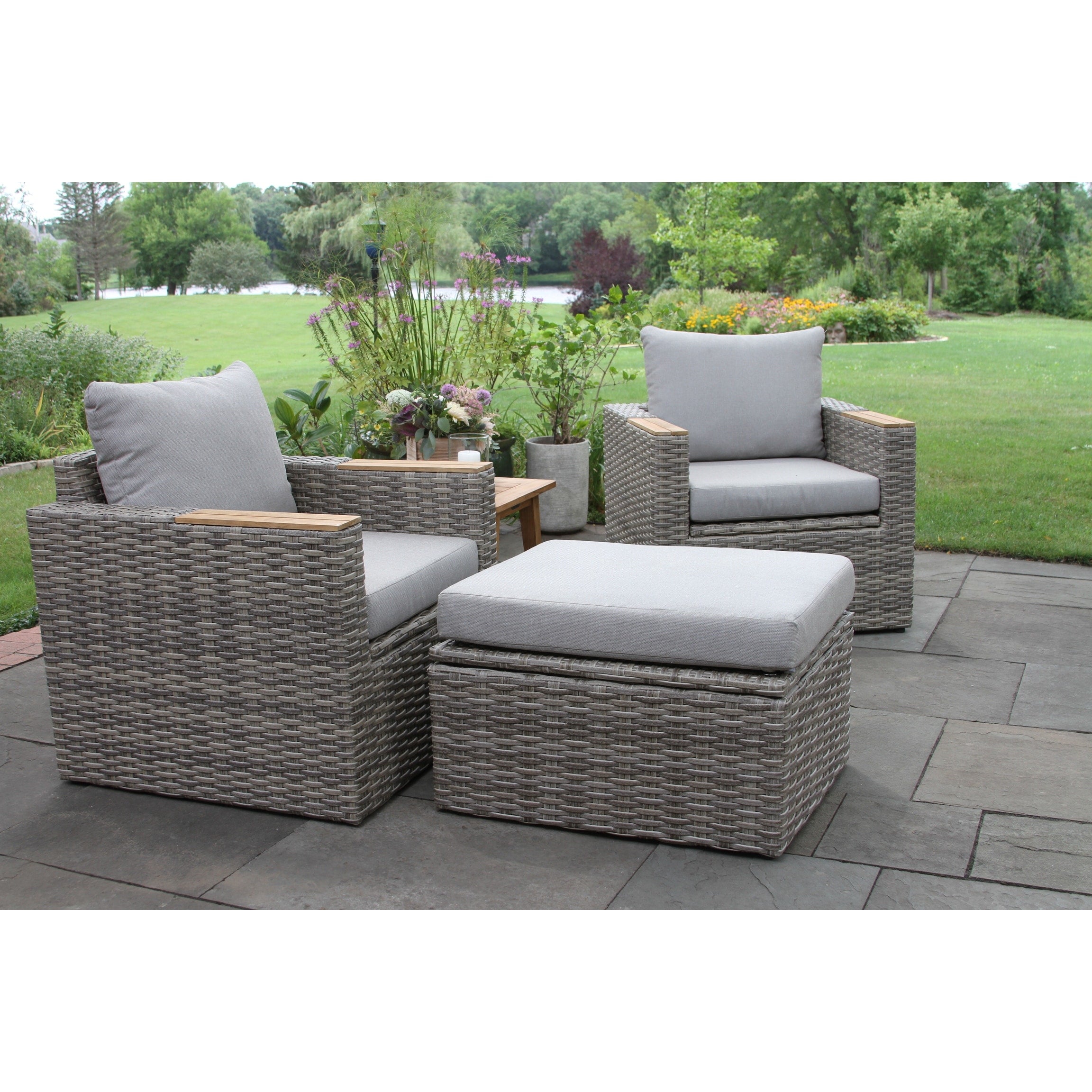 Fauteuils et poufs de rangement Samera 4 pièces en teck et osier