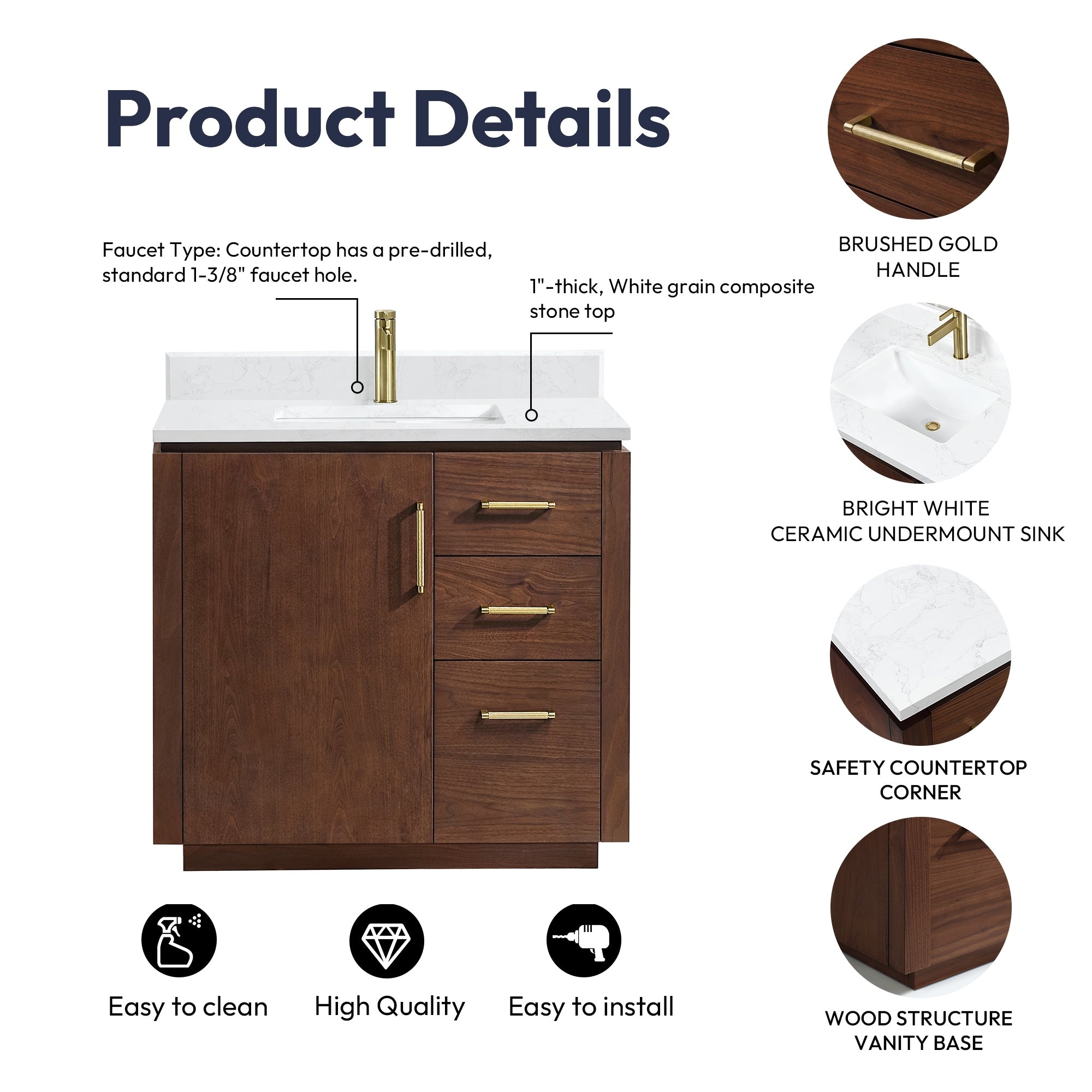 Meuble-lavabo simple San avec dessus en pierre composite sans miroir
