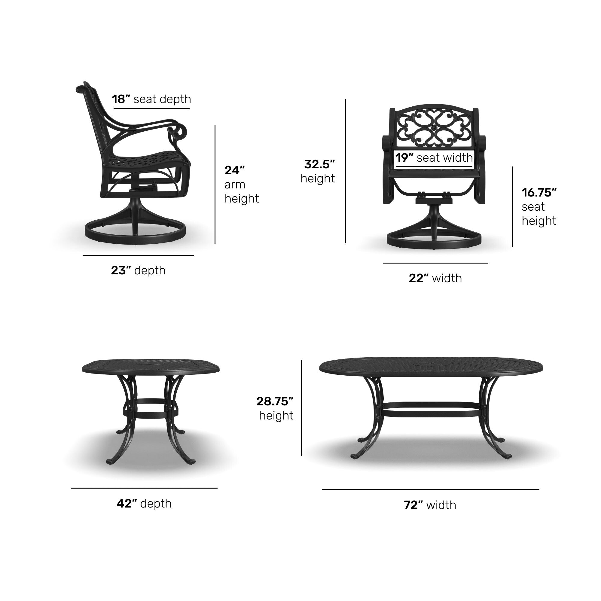 Ensemble de salle à manger d'extérieur 7 pièces en aluminium noir Sanibel par Homestyles - 72 x 29 x 42