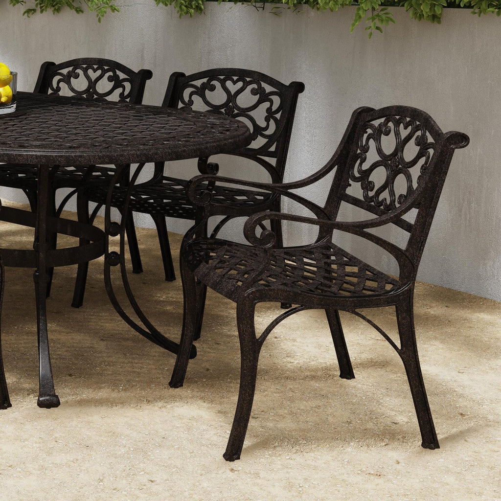 Ensemble de salle à manger d'extérieur en aluminium bronze Sanibel 7 pièces avec table à manger ovale de 72 pouces et six fauteuils par Homestyles