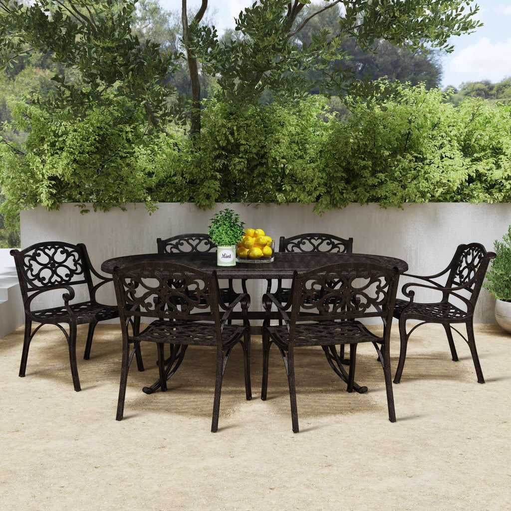 Ensemble de salle à manger d'extérieur en aluminium bronze Sanibel 7 pièces avec table à manger ovale de 72 pouces et six fauteuils par Homestyles