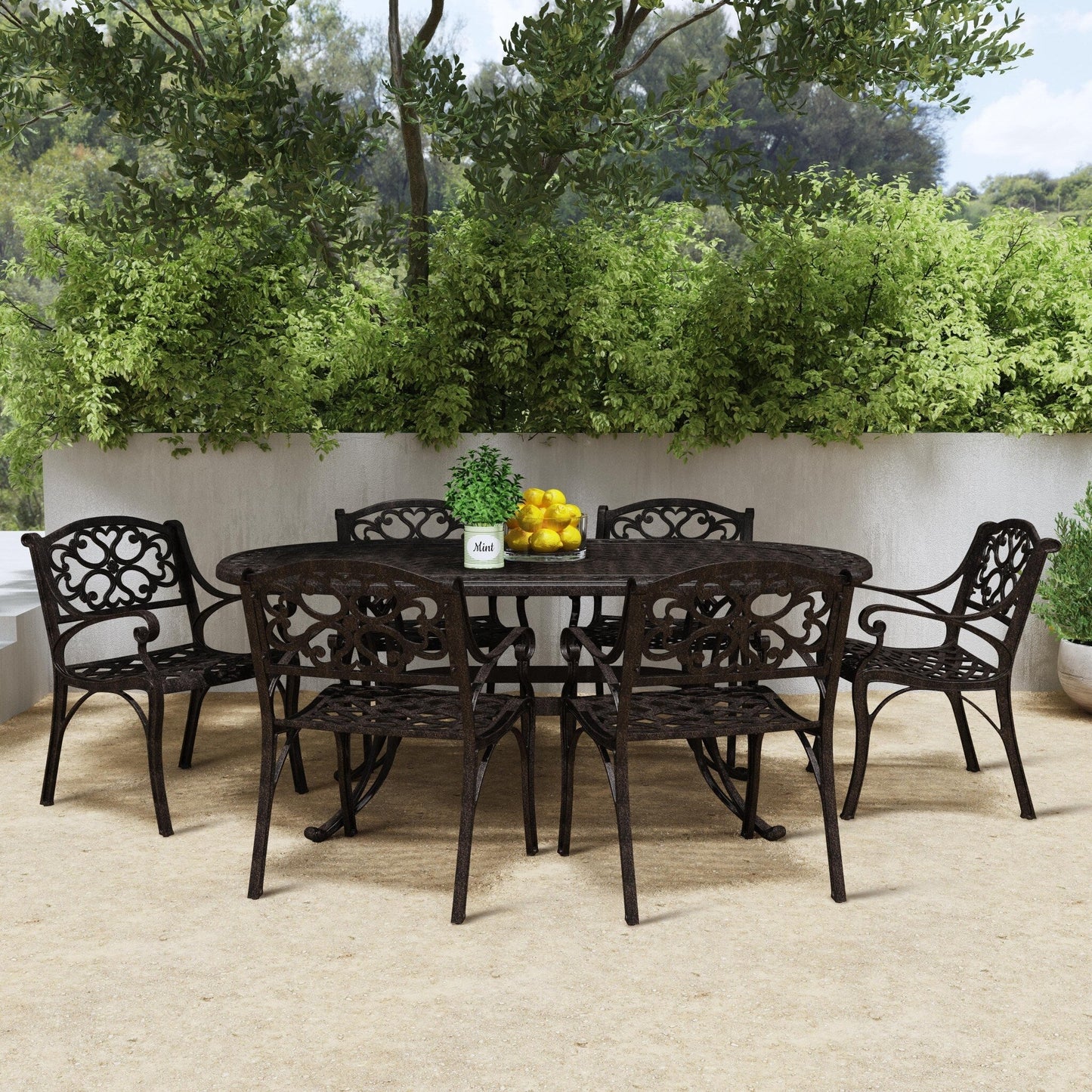 Ensemble de salle à manger d'extérieur en aluminium bronze Sanibel 7 pièces avec table à manger ovale de 72 pouces et six fauteuils par Homestyles