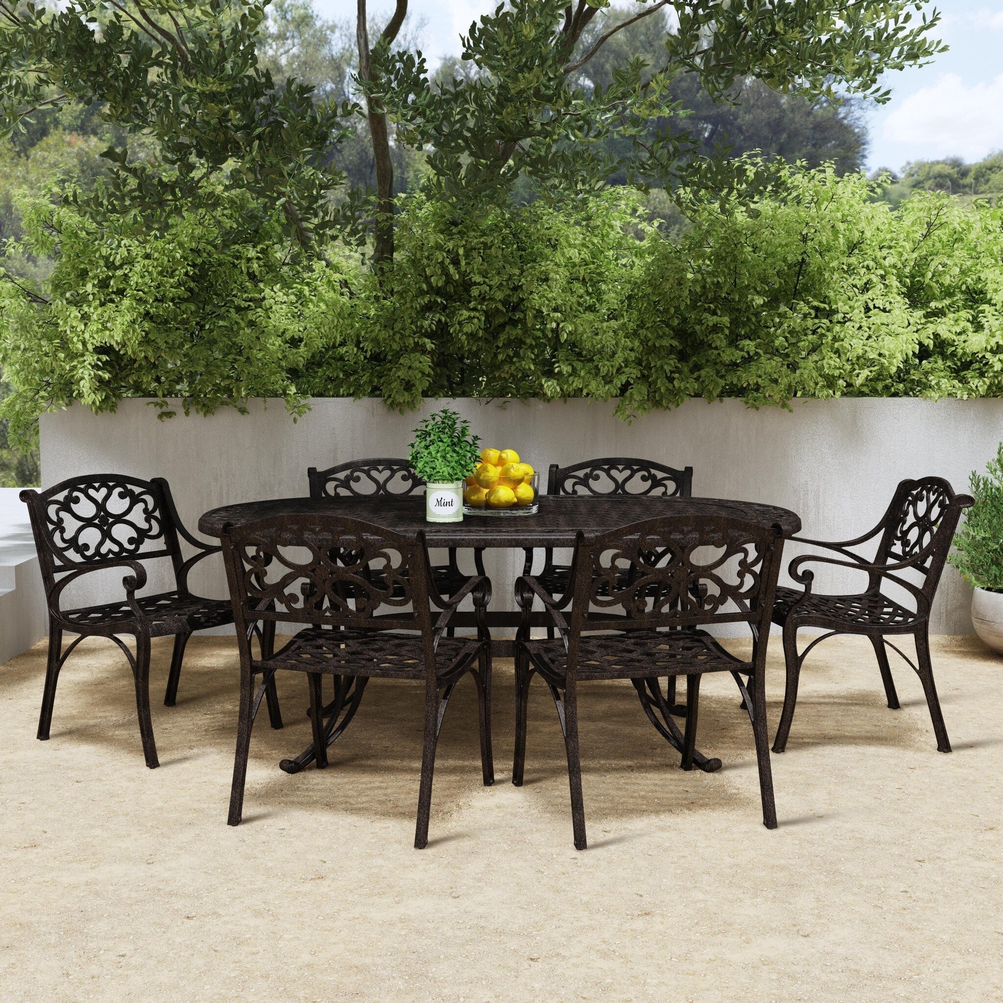 Ensemble de salle à manger d'extérieur en aluminium bronze Sanibel 7 pièces avec table à manger ovale de 72 pouces et six fauteuils par Homestyles