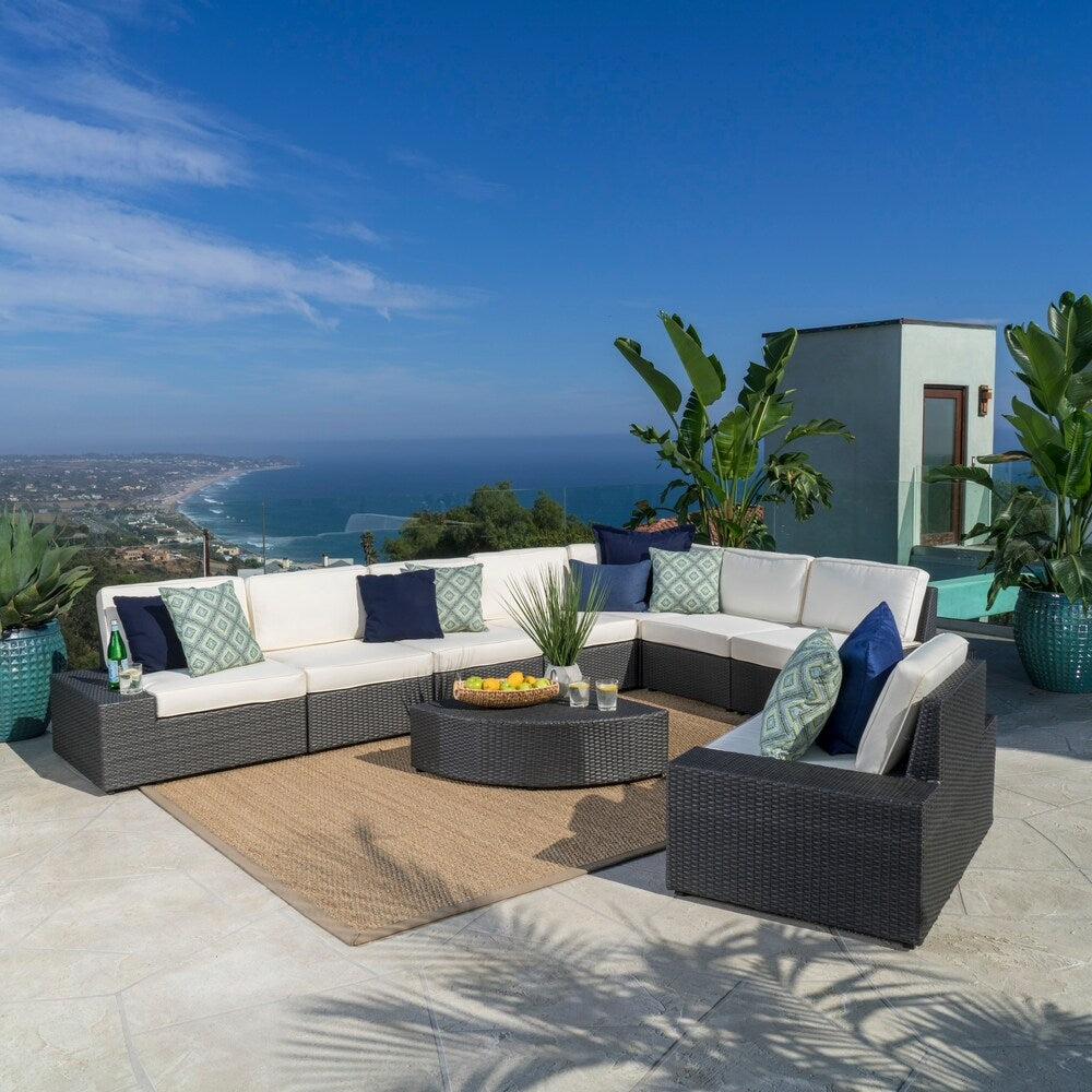 Canapé d'extérieur 9 pièces en osier Santa Cruz avec coussins par Christopher Knight Home
