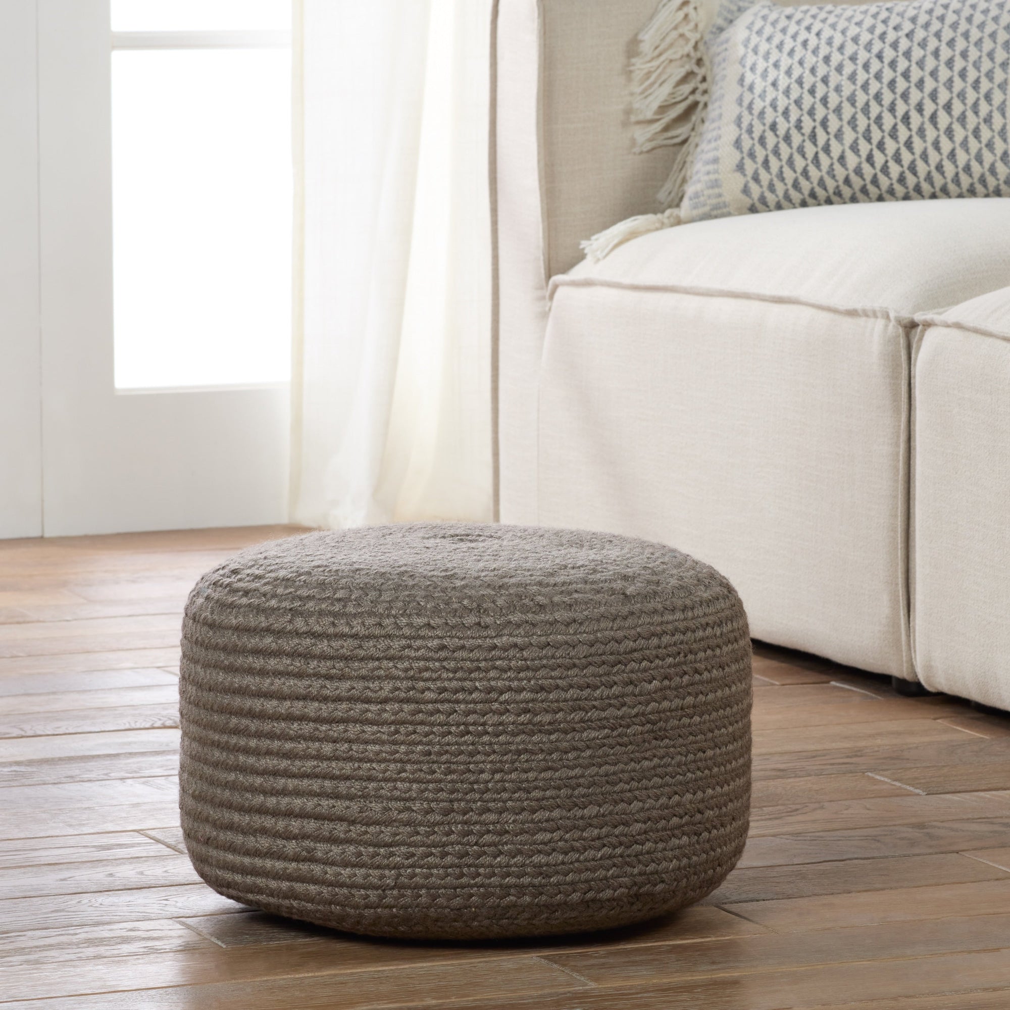Jaipur Living Saba Solar Round Indoor/Outdoor Polyester Pouf Ottoman/Foot Stool - 18X18X12
