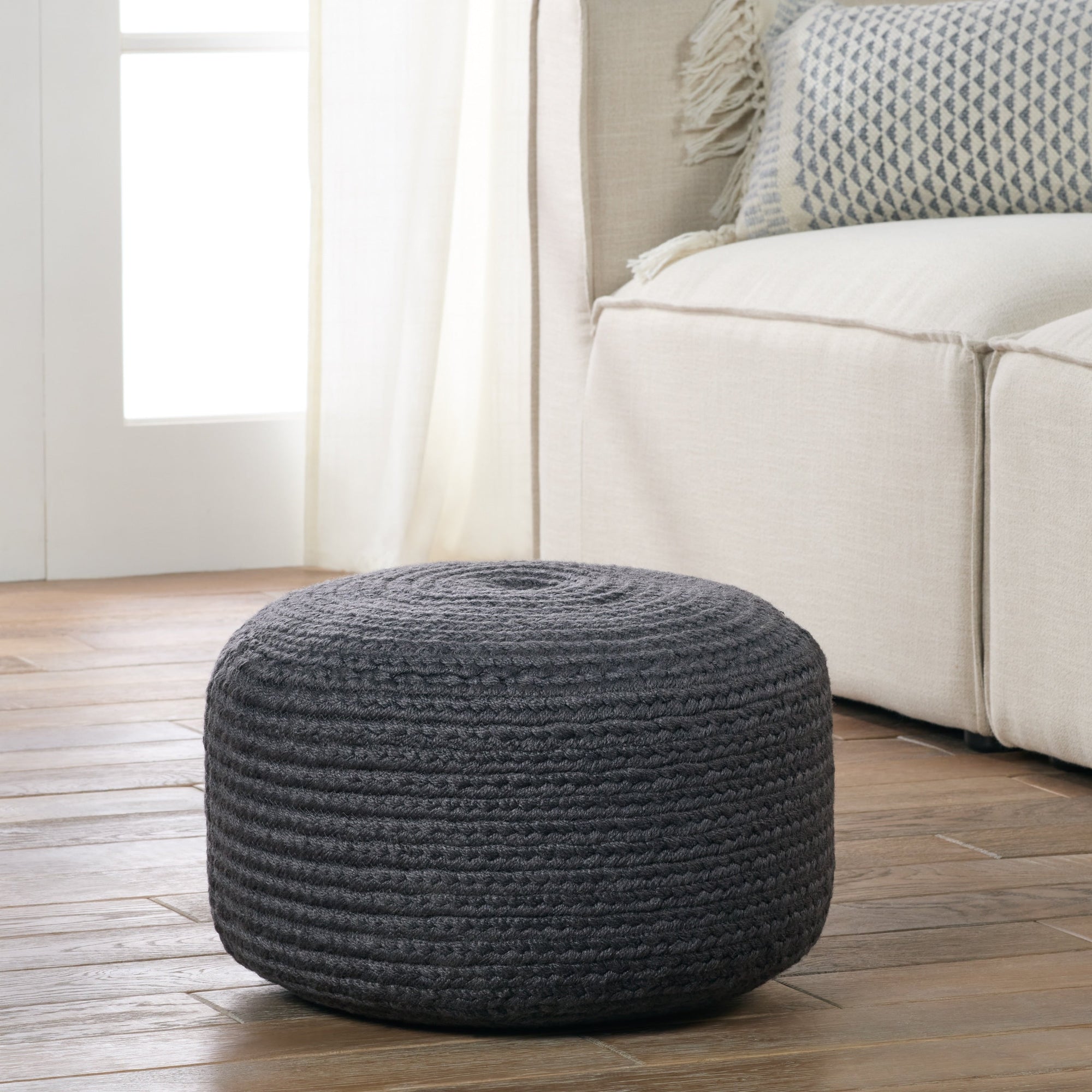 Jaipur Living Saba Solar Round Indoor/Outdoor Polyester Pouf Ottoman/Foot Stool - 18X18X12