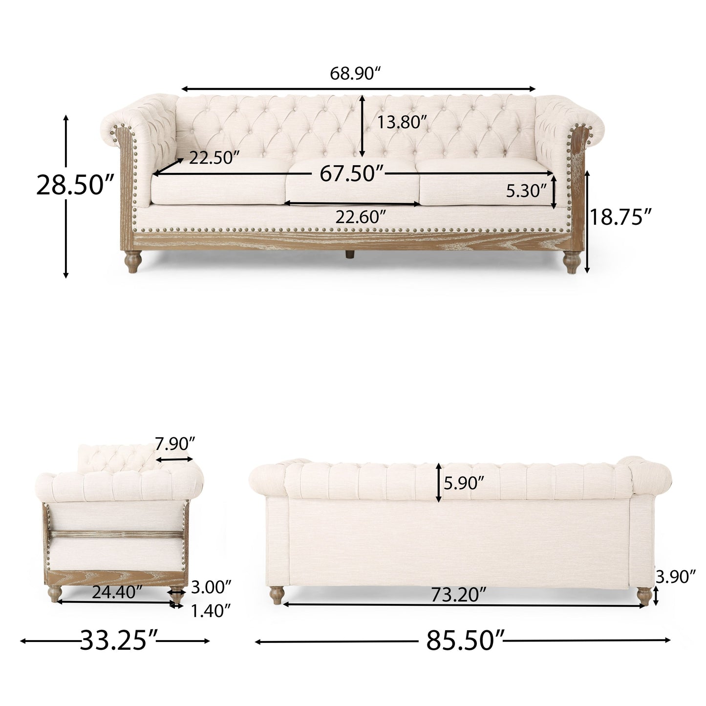 Canapé Chesterfield Saragus avec garniture cloutée par Christopher Knight Home - 85,50 L x 33,25 l x 28,50 H