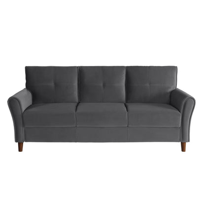 Canapé Sarah 80 pouces, velours gris, capitonnage surpiqué, coussins réversibles