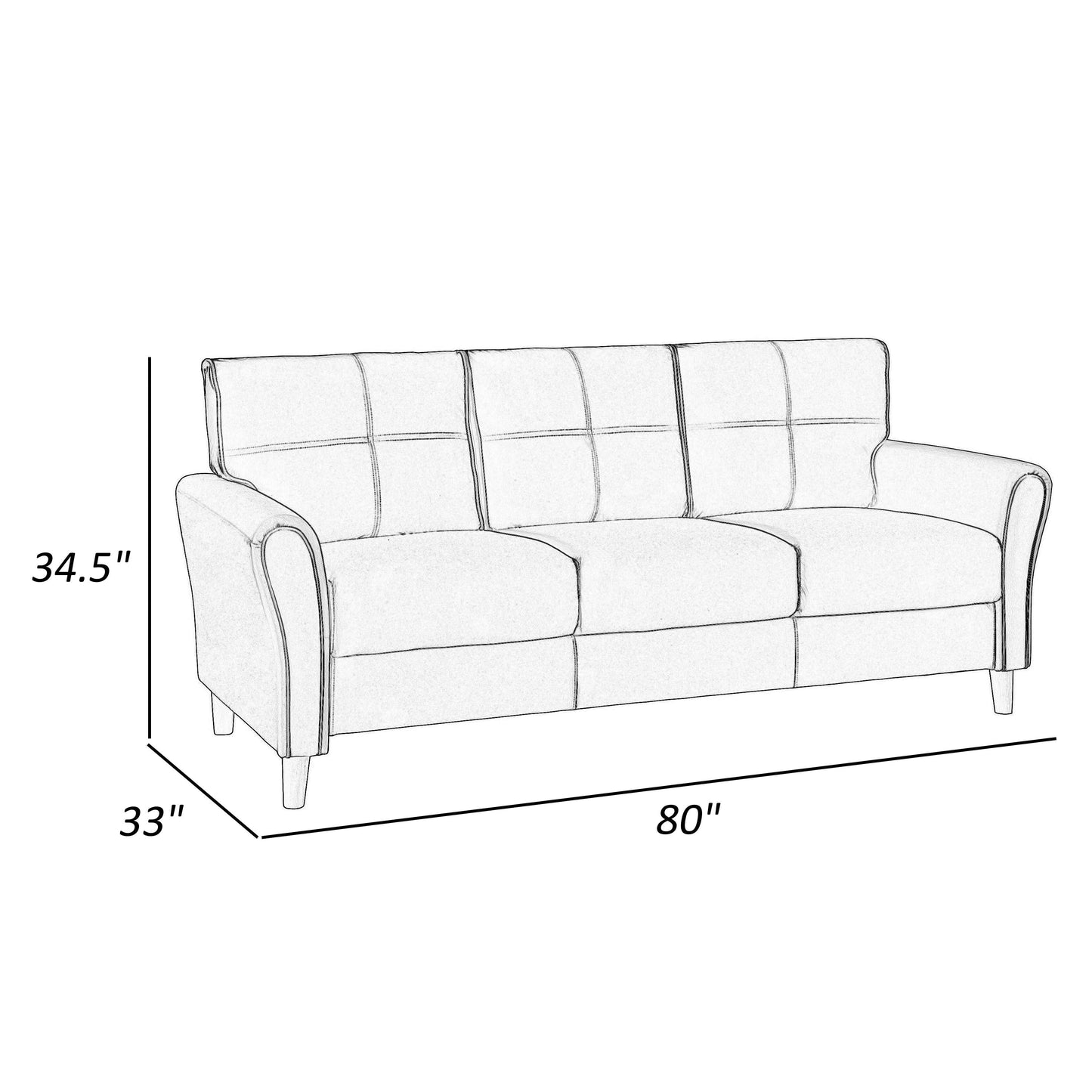 Canapé Sarah 80 pouces, velours gris, capitonnage surpiqué, coussins réversibles