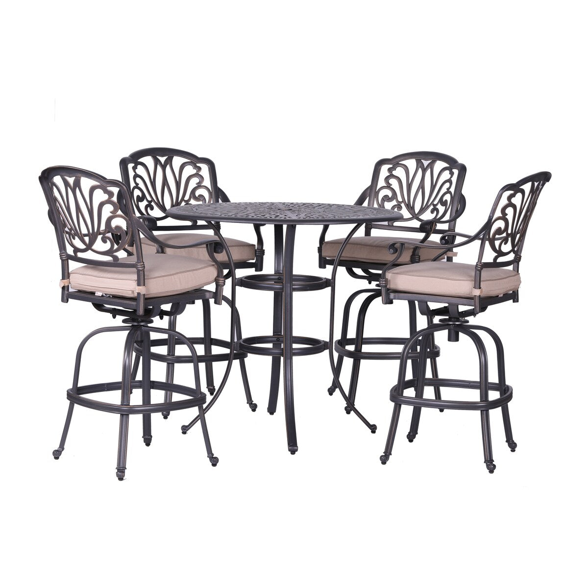 Ensemble de bar Saratoga 5 pièces en aluminium avec coussins, table de bar ronde de 42 pouces
