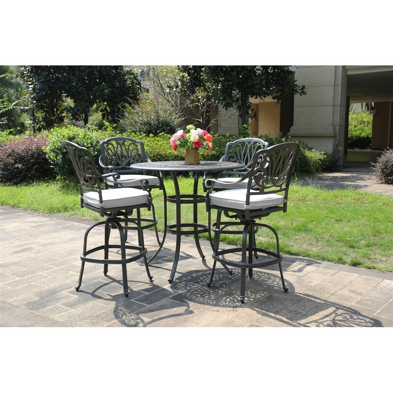 Ensemble de bar Saratoga 5 pièces en aluminium avec coussins, table de bar ronde de 42 pouces