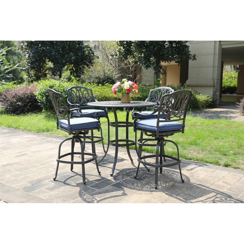Ensemble de bar Saratoga 5 pièces en aluminium avec coussins, table de bar ronde de 42 pouces