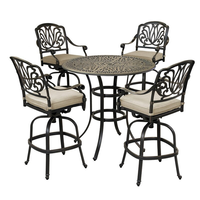 Ensemble de bar Saratoga 5 pièces en aluminium avec coussins, table de bar ronde de 42 pouces