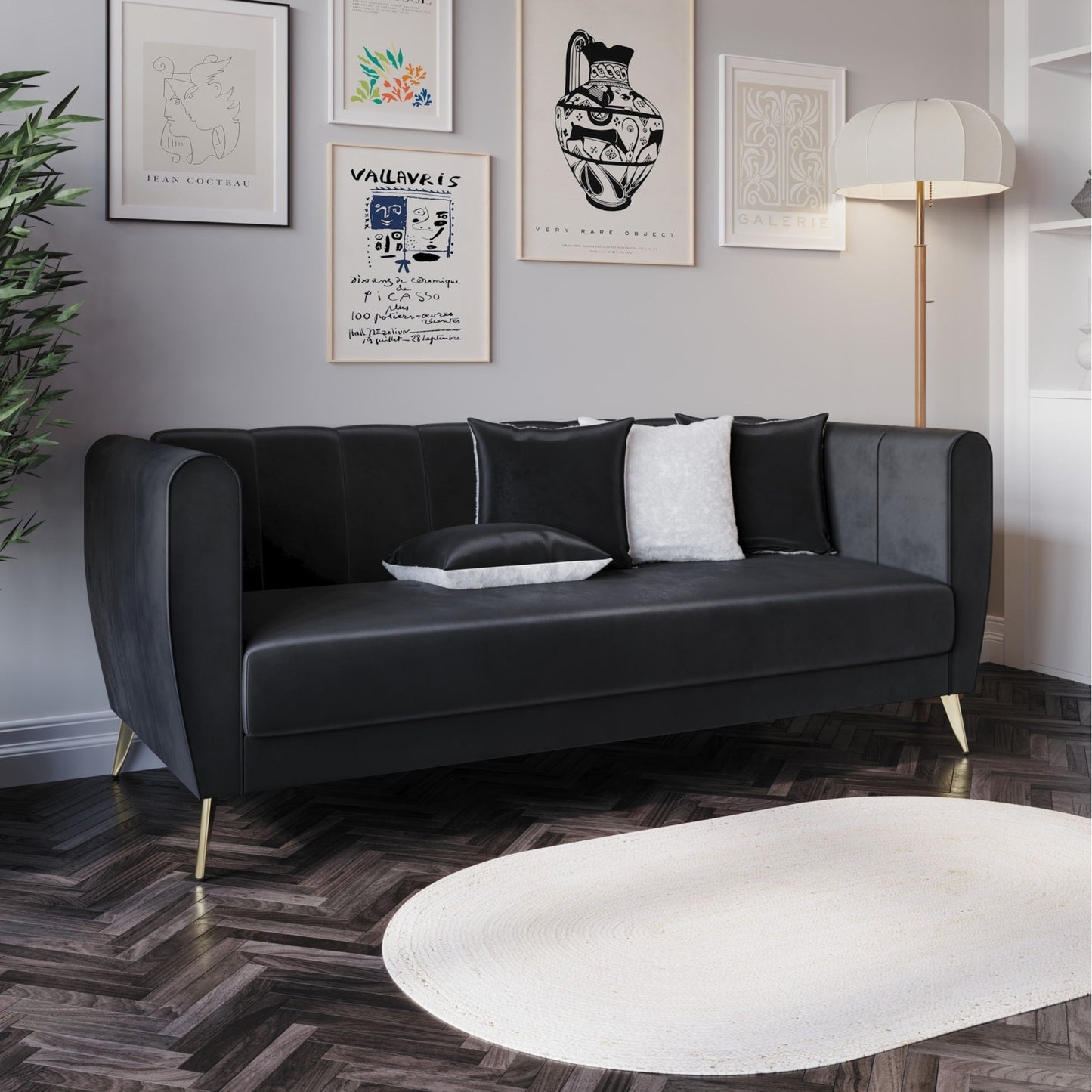 Canapé 3 places en velours Scarlett à accoudoirs évasés et 4 coussins décoratifs