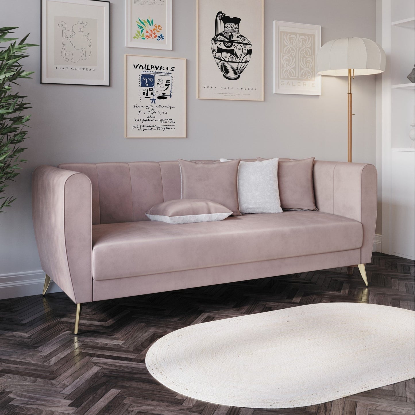 Canapé 3 places en velours Scarlett à accoudoirs évasés et 4 coussins décoratifs