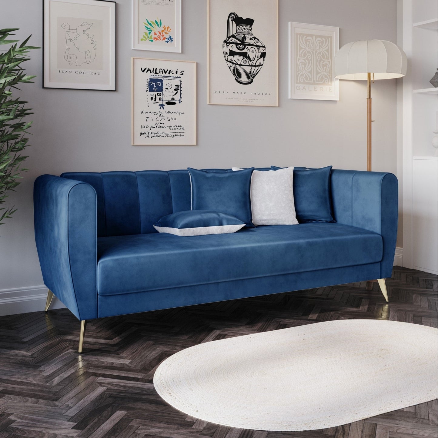 Canapé 3 places en velours Scarlett à accoudoirs évasés et 4 coussins décoratifs