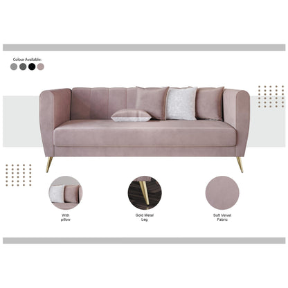 Canapé 3 places en velours Scarlett à accoudoirs évasés et 4 coussins décoratifs