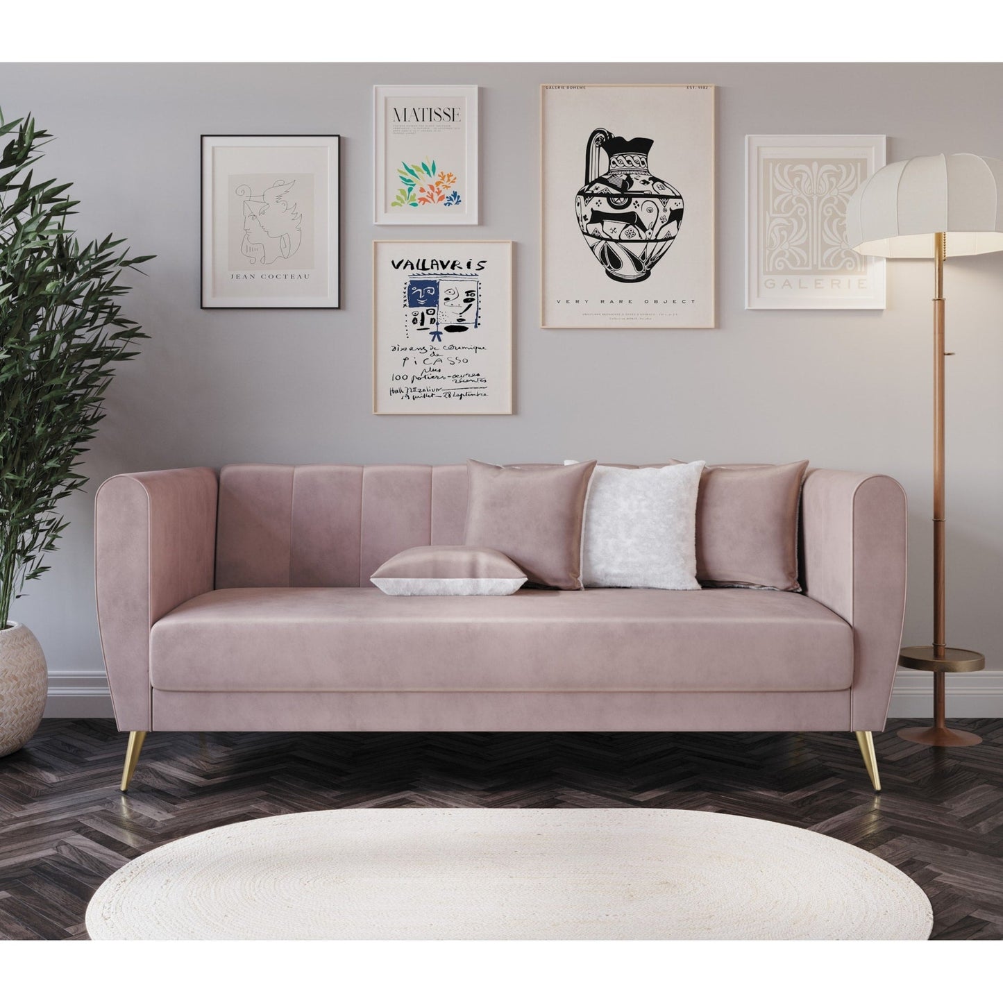 Canapé 3 places en velours Scarlett à accoudoirs évasés et 4 coussins décoratifs