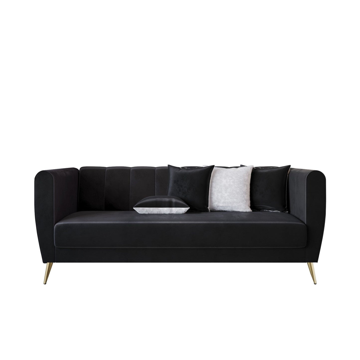 Canapé 3 places en velours Scarlett à accoudoirs évasés et 4 coussins décoratifs
