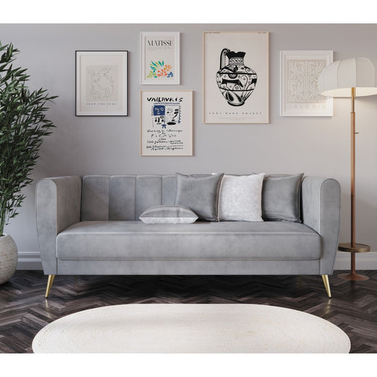 Canapé 3 places en velours Scarlett à accoudoirs évasés et 4 coussins décoratifs