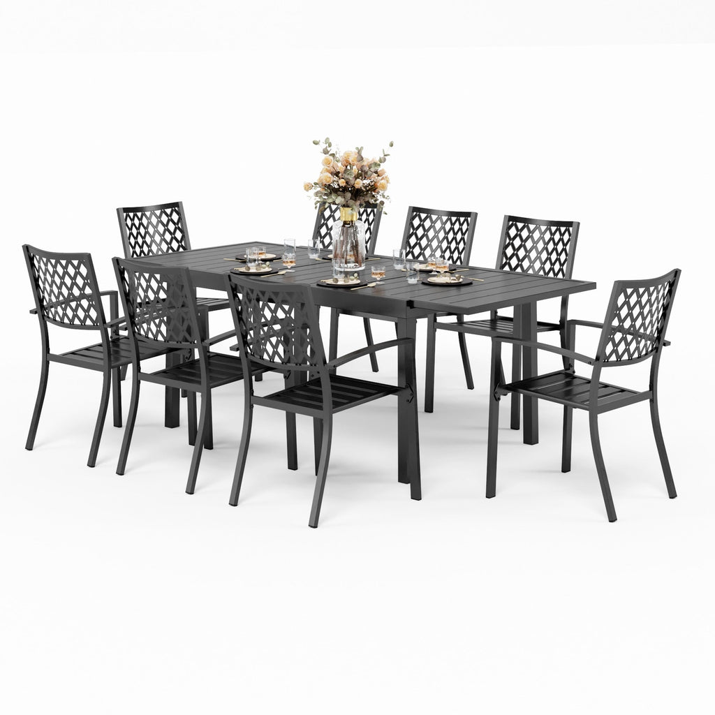 MAISON ARTS Ensemble de salle à manger d'extérieur pour 6/8 personnes, 6/8 chaises empilables en métal, 1 table rectangulaire extensible