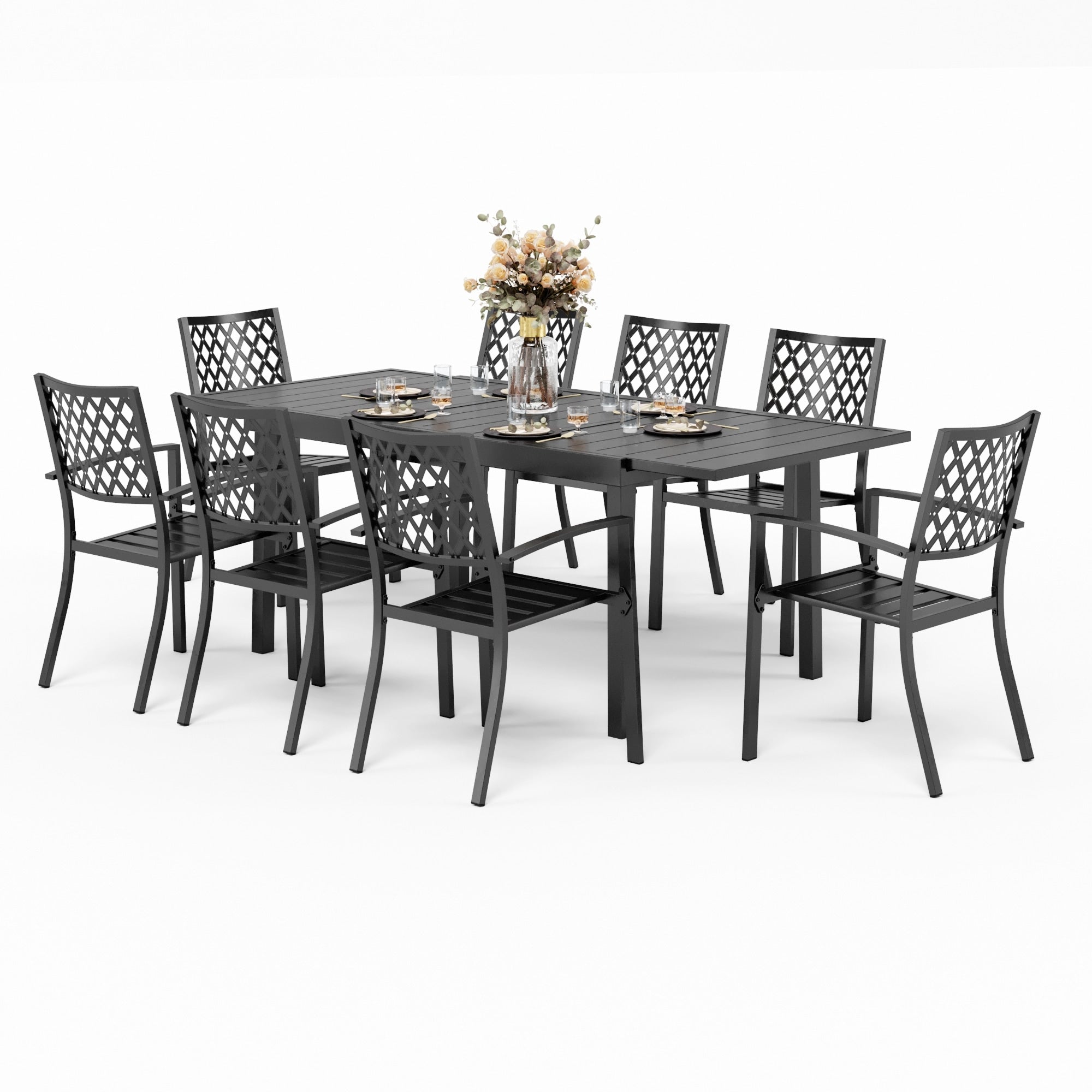 MAISON ARTS Ensemble de salle à manger d'extérieur pour 6/8 personnes, 6/8 chaises empilables en métal, 1 table rectangulaire extensible
