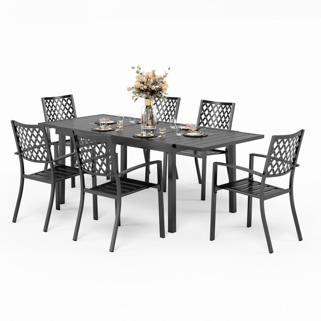 MAISON ARTS Ensemble de salle à manger d'extérieur pour 6/8 personnes, 6/8 chaises empilables en métal, 1 table rectangulaire extensible