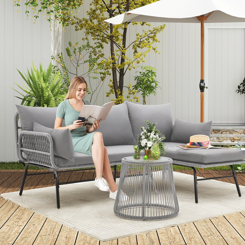 Ensemble de canapés de conversation sectionnels en osier, ensemble de meubles de patio 3 pièces avec coussins épais et table basse en verre trempé