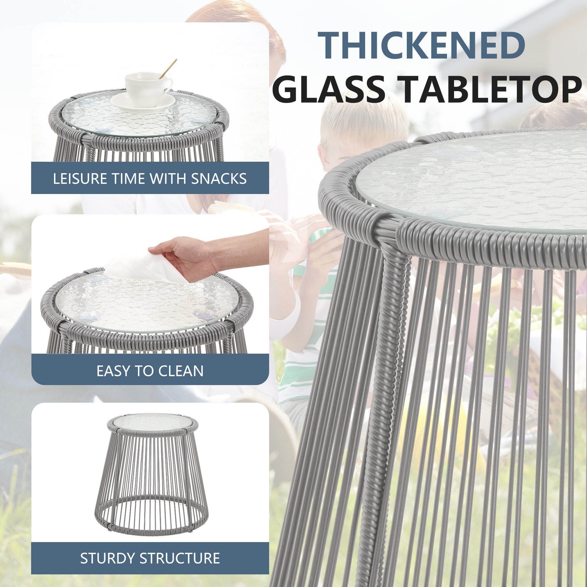 Ensemble de canapés de conversation sectionnels en osier, ensemble de meubles de patio 3 pièces avec coussins épais et table basse en verre trempé