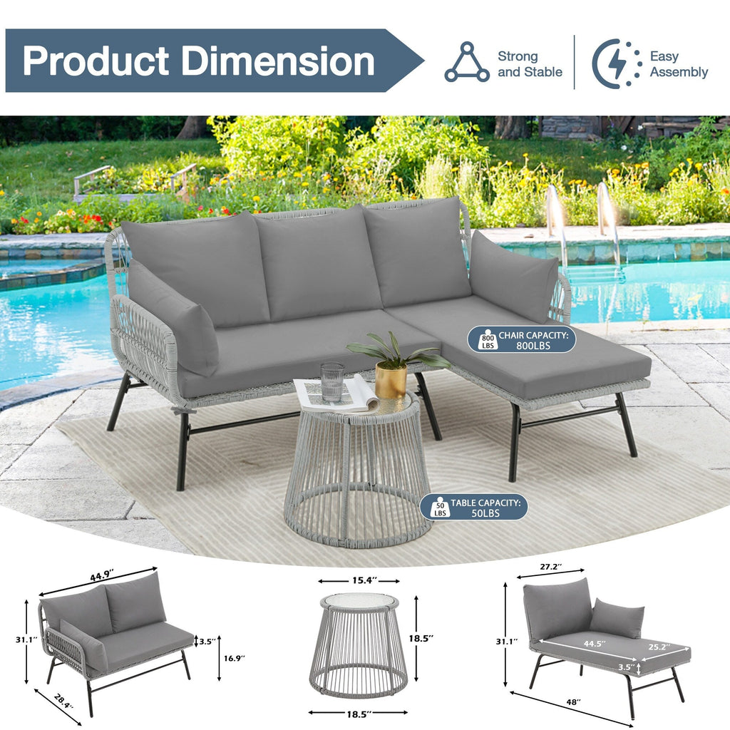 Ensemble de canapés de conversation sectionnels en osier, ensemble de meubles de patio 3 pièces avec coussins épais et table basse en verre trempé