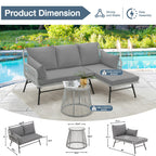 Ensemble de canapés de conversation sectionnels en osier, ensemble de meubles de patio 3 pièces avec coussins épais et table basse en verre trempé